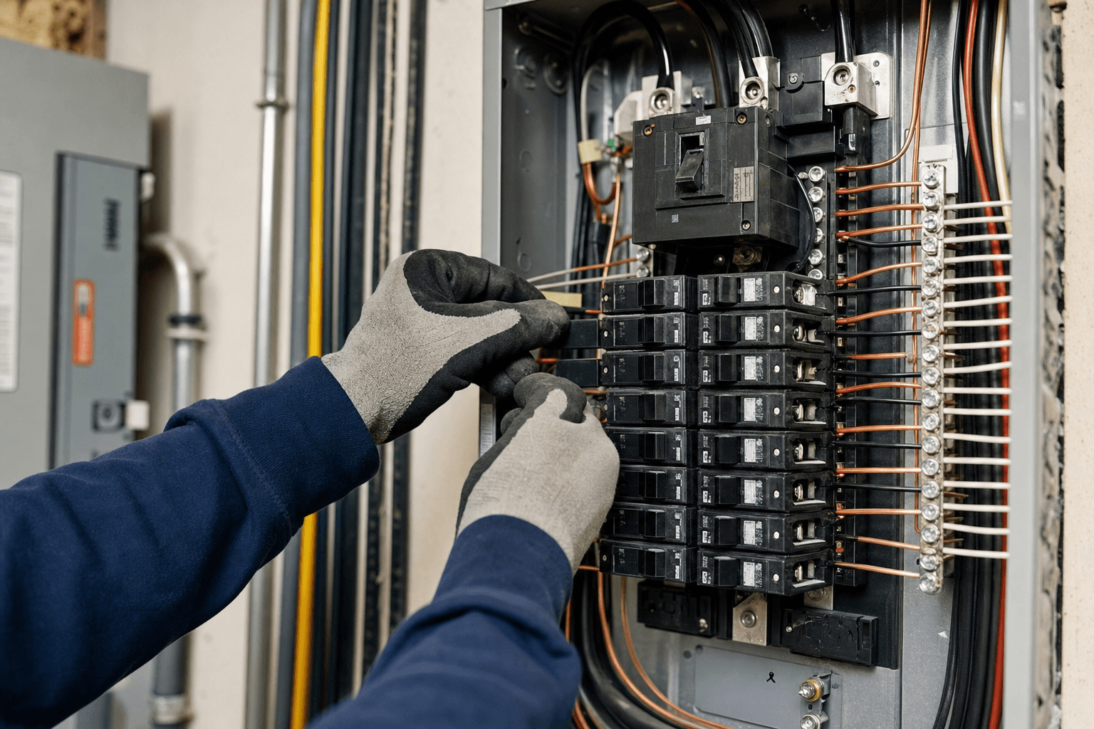 Electrician's gloved hands installing circuit breaker panel with precision tools and copper wiring connections visible