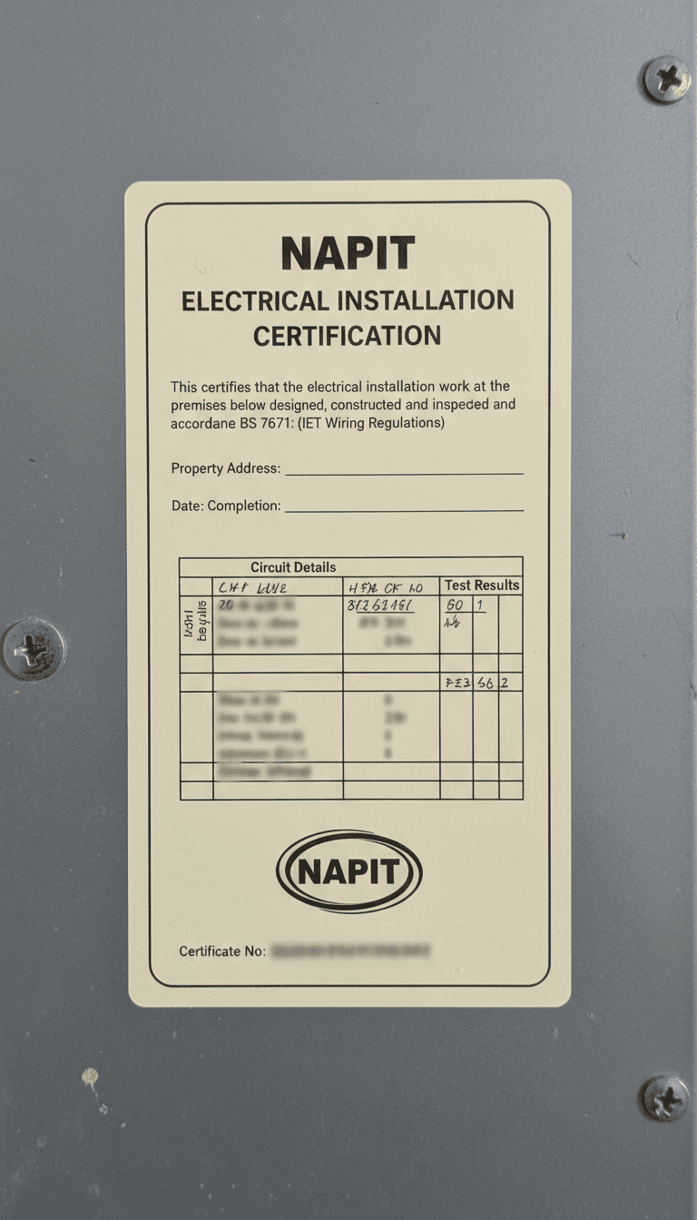 Close up of certified electrical test label on a consumer unit