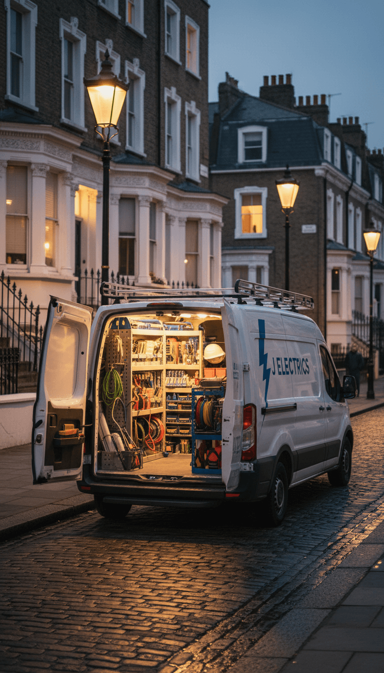 Electrician's van parked on a street at dusk with open doors showing tools
