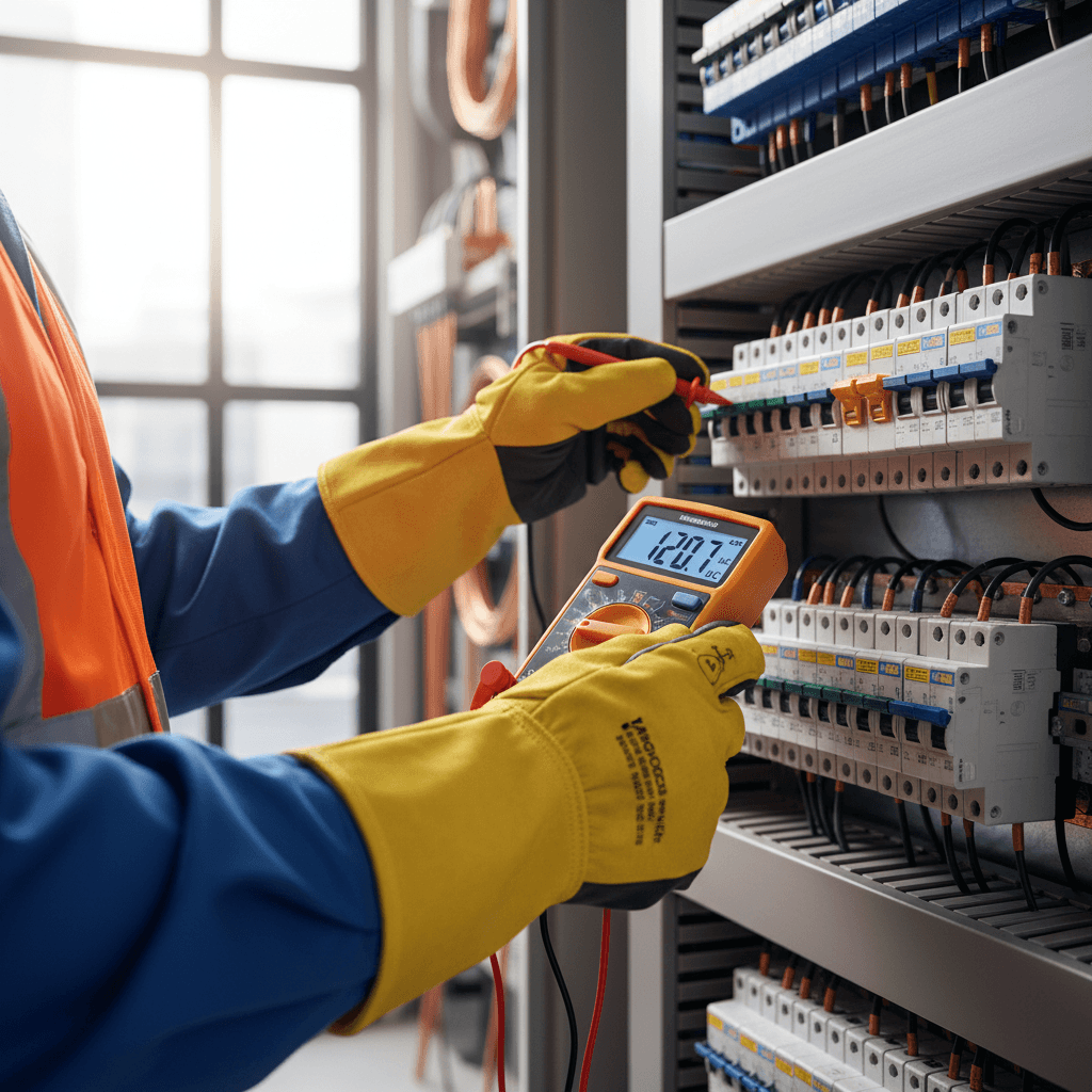 Electrician testing a socket with a multimeter