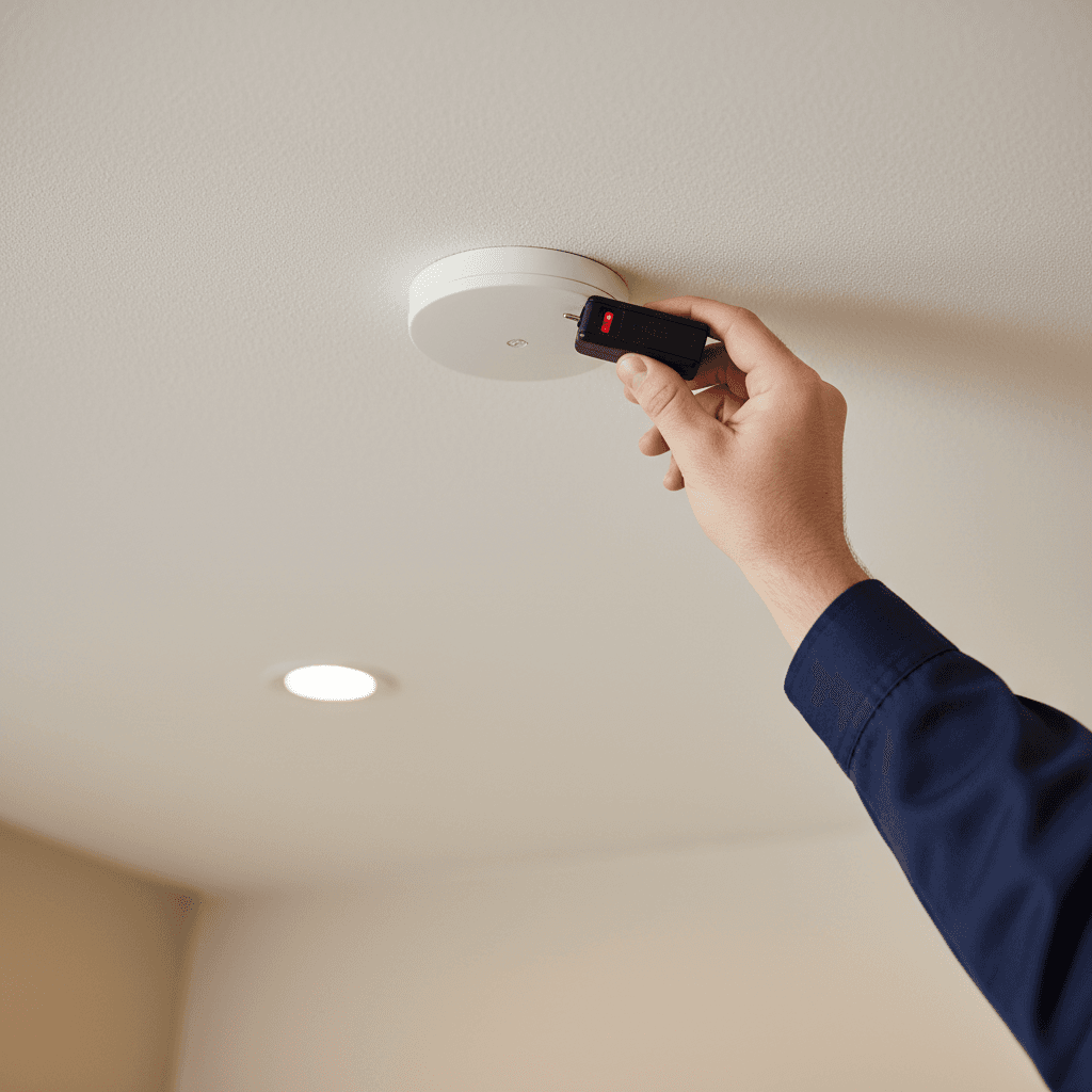 Electrician's hands testing a ceiling-mounted smoke alarm with inspection device in bright modern interior