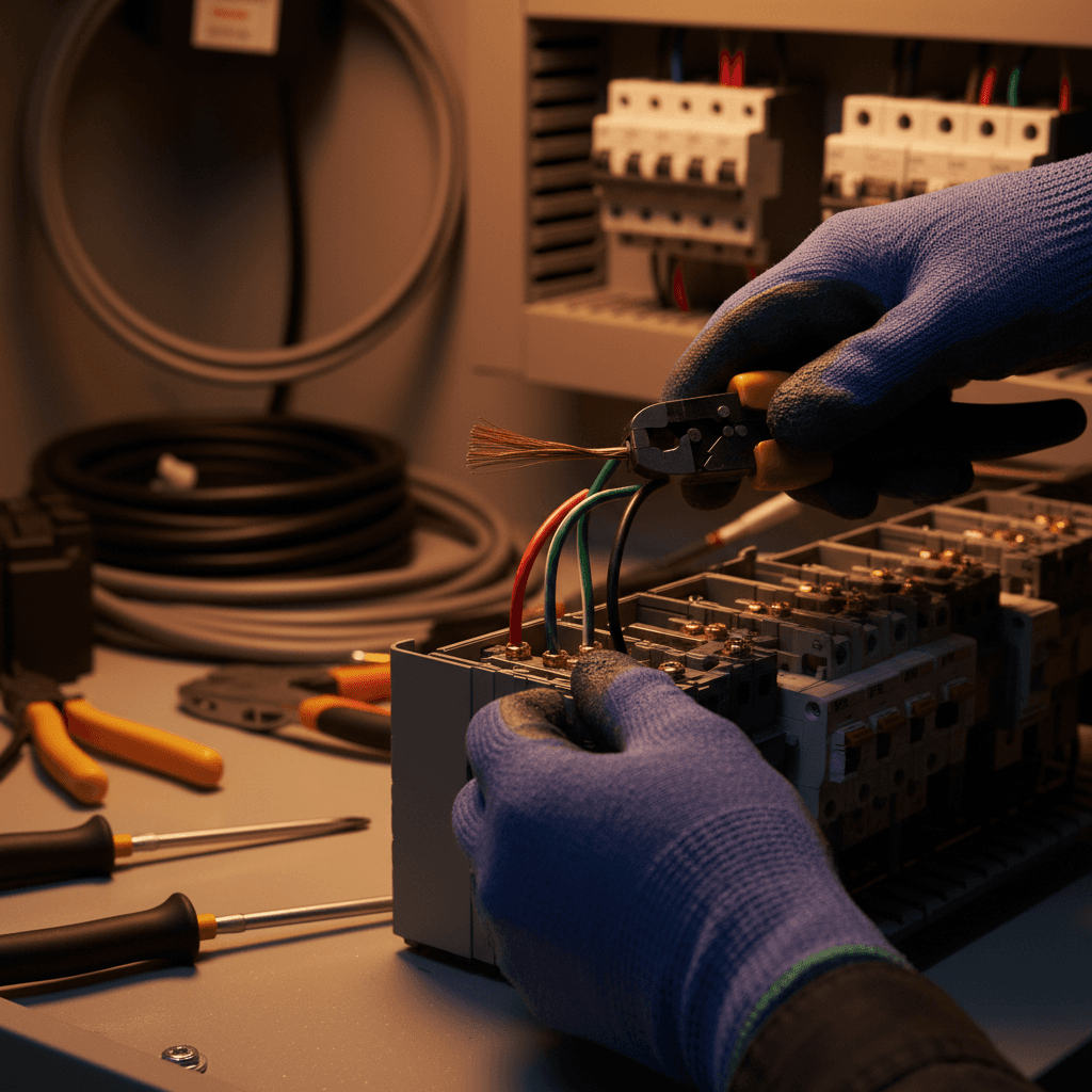 Electrician stripping cable for a domestic rewire