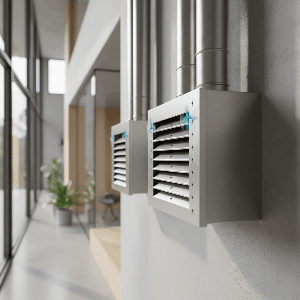 Close-up of precision-engineered ventilation duct system with metallic louvers installed in modern residential interior