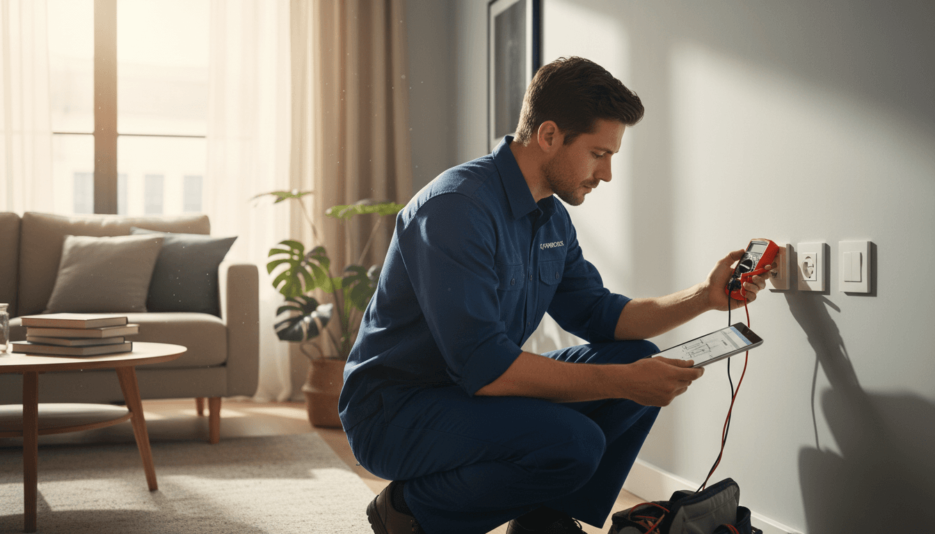 Electrician in navy uniform inspecting residential electrical outlet with testing meter and digital tablet in apartment