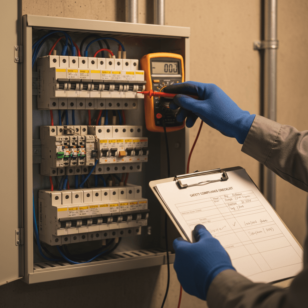 Electrician's hands testing circuit breaker panel with multimeter during electrical safety inspection